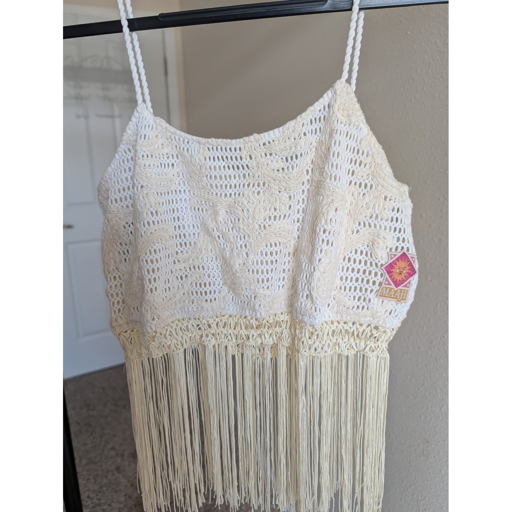 Maaji Women Crochet Fringe Tank Top Cream White Floral Boho Crop M OP-000002636